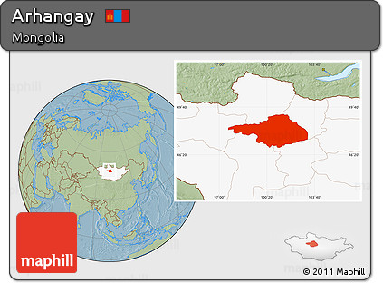 Savanna Style Location Map of Arhangay, highlighted country, hill shading