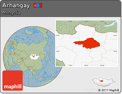Savanna Style Location Map of Arhangay, highlighted country, hill shading