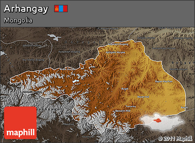 Physical Map of Arhangay, darken, semi-desaturated