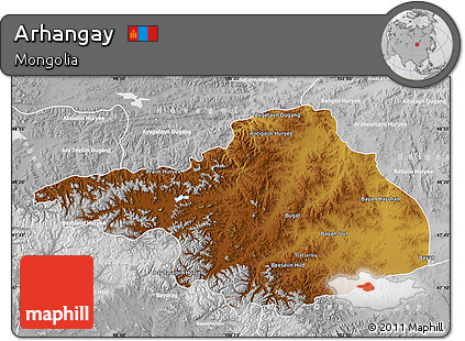 Physical Map of Arhangay, lighten, desaturated