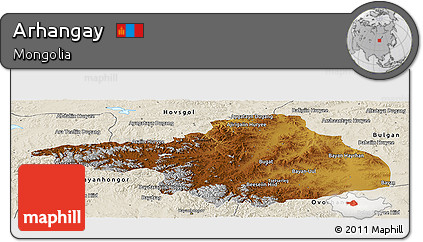 Physical Panoramic Map of Arhangay, shaded relief outside