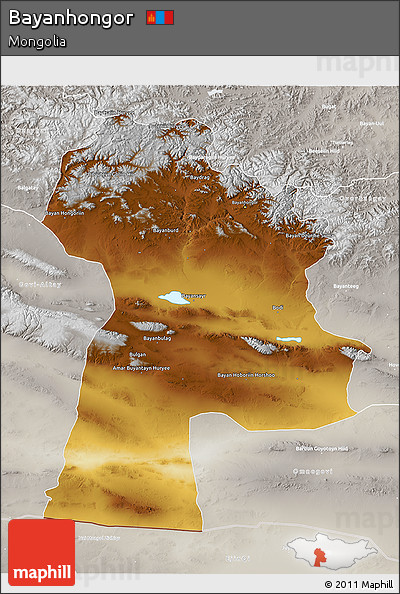 Physical 3D Map of Bayanhongor, lighten, semi-desaturated