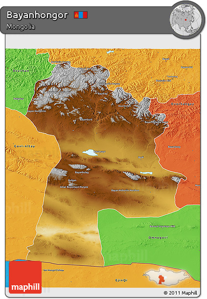 Physical 3D Map of Bayanhongor, political outside