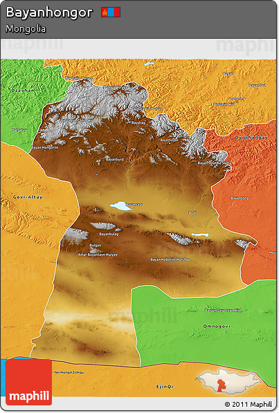 Physical 3D Map of Bayanhongor, political outside