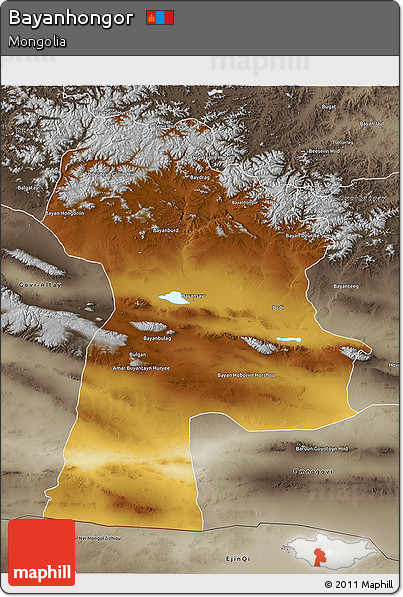 Physical 3D Map of Bayanhongor, semi-desaturated