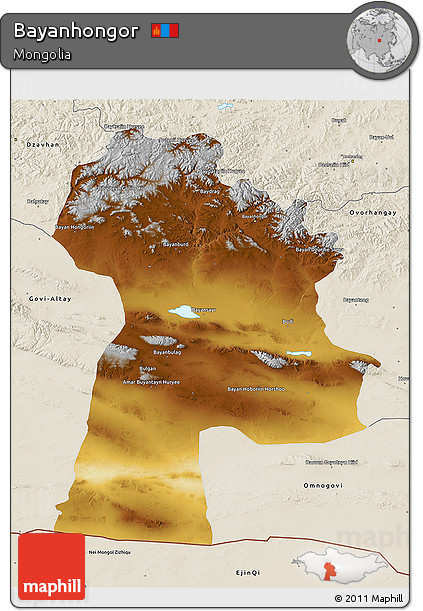 Physical 3D Map of Bayanhongor, shaded relief outside