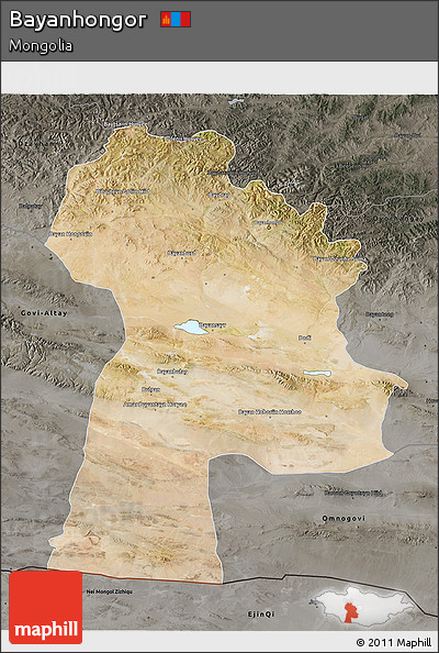 Satellite 3D Map of Bayanhongor, darken, semi-desaturated