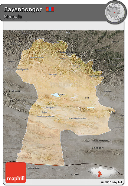 Satellite 3D Map of Bayanhongor, darken, semi-desaturated