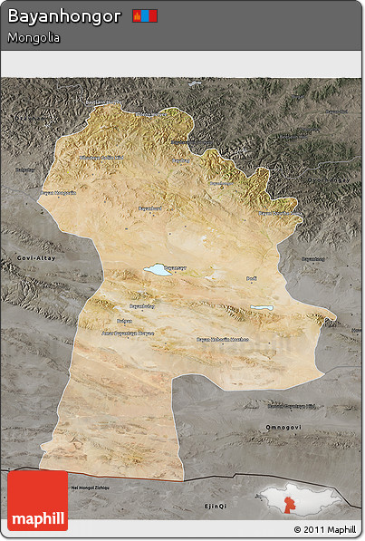 Satellite 3D Map of Bayanhongor, darken, semi-desaturated