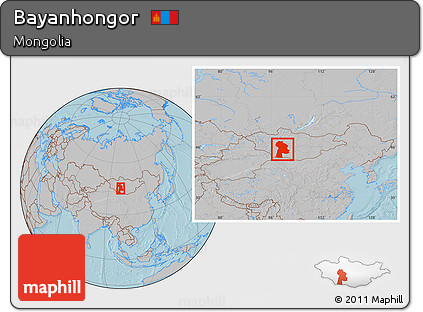 Gray Location Map of Bayanhongor, within the entire country, hill shading