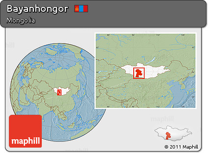 Savanna Style Location Map of Bayanhongor, highlighted country, within the entire country, hill shading