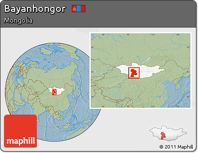 Savanna Style Location Map of Bayanhongor, highlighted country, within the entire country, hill shading