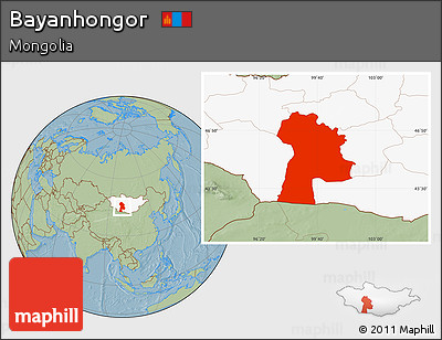 Savanna Style Location Map of Bayanhongor, highlighted country, hill shading