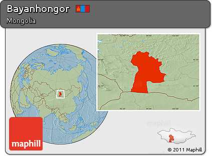 Savanna Style Location Map of Bayanhongor, hill shading