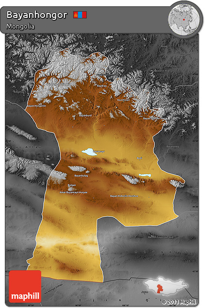 Physical Map of Bayanhongor, darken, desaturated