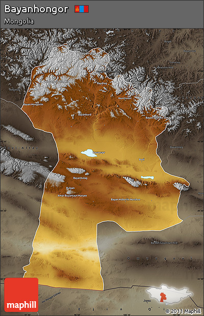 Physical Map of Bayanhongor, darken, semi-desaturated