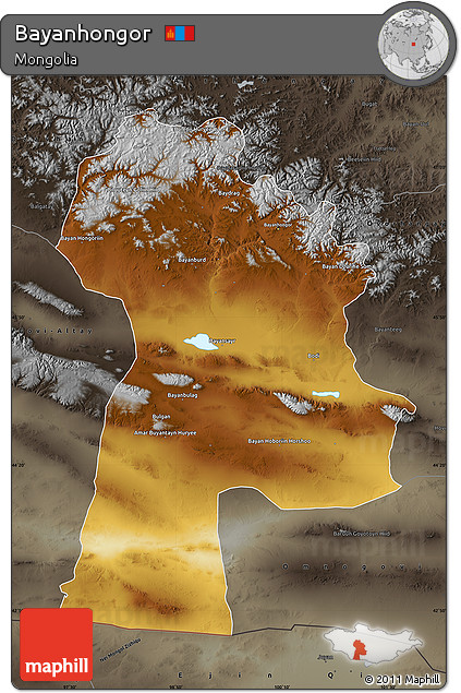 Physical Map of Bayanhongor, darken, semi-desaturated