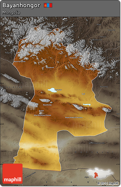 Physical Map of Bayanhongor, darken, semi-desaturated