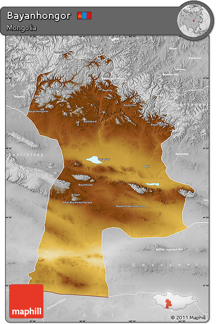 Physical Map of Bayanhongor, lighten, desaturated