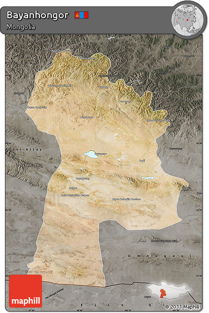 Satellite Map of Bayanhongor, darken, semi-desaturated