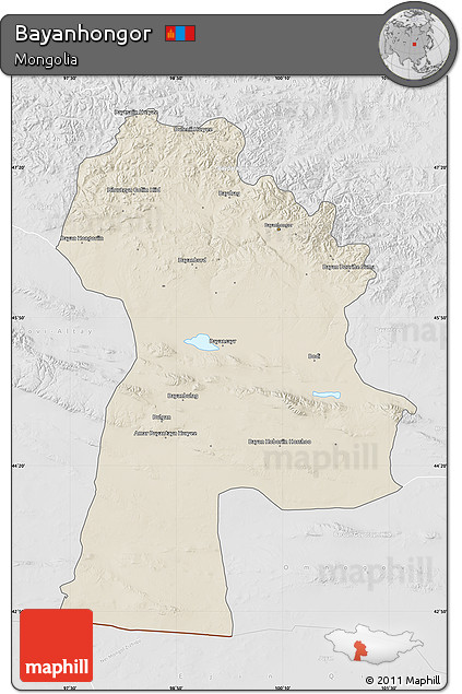Shaded Relief Map of Bayanhongor, lighten, desaturated