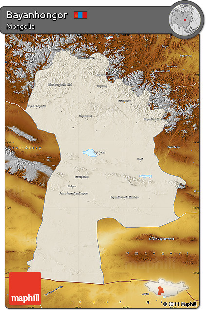 Shaded Relief Map of Bayanhongor, physical outside