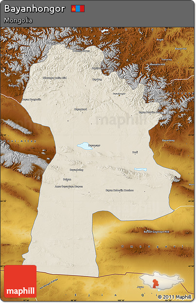 Shaded Relief Map of Bayanhongor, physical outside