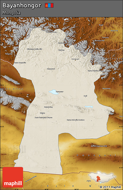 Shaded Relief Map of Bayanhongor, physical outside