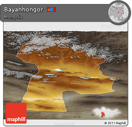 Physical Panoramic Map of Bayanhongor, darken, semi-desaturated