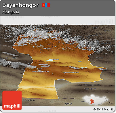 Physical Panoramic Map of Bayanhongor, darken, semi-desaturated