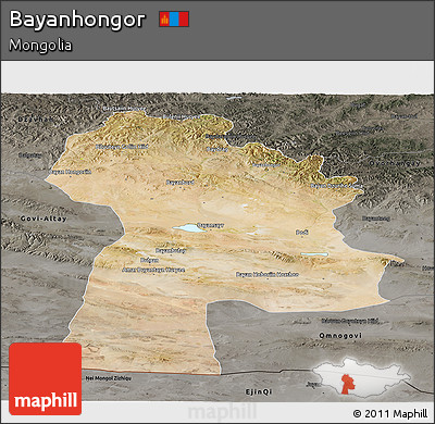 Satellite Panoramic Map of Bayanhongor, darken, semi-desaturated