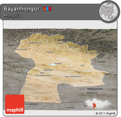 Satellite Panoramic Map of Bayanhongor, darken, semi-desaturated