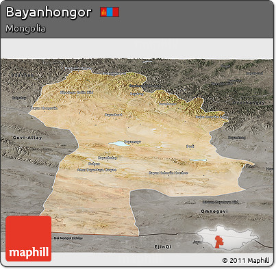 Satellite Panoramic Map of Bayanhongor, darken, semi-desaturated