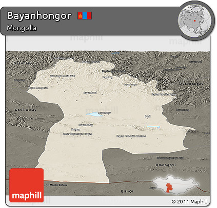 Shaded Relief Panoramic Map of Bayanhongor, darken