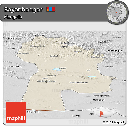 Shaded Relief Panoramic Map of Bayanhongor, desaturated