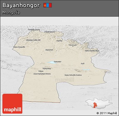 Shaded Relief Panoramic Map of Bayanhongor, lighten, desaturated