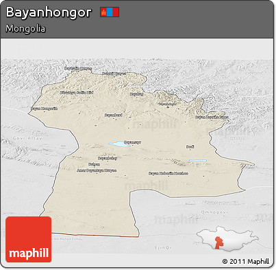 Shaded Relief Panoramic Map of Bayanhongor, lighten, desaturated