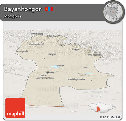 Shaded Relief Panoramic Map of Bayanhongor, lighten