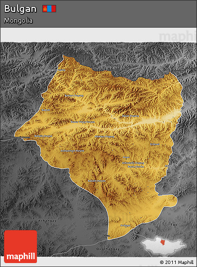 Physical 3D Map of Bulgan, darken, desaturated