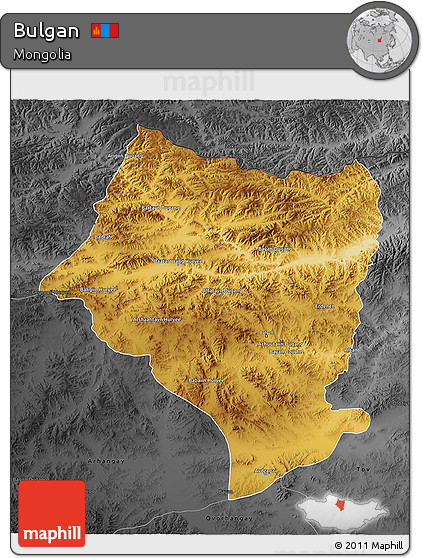 Physical 3D Map of Bulgan, darken, desaturated