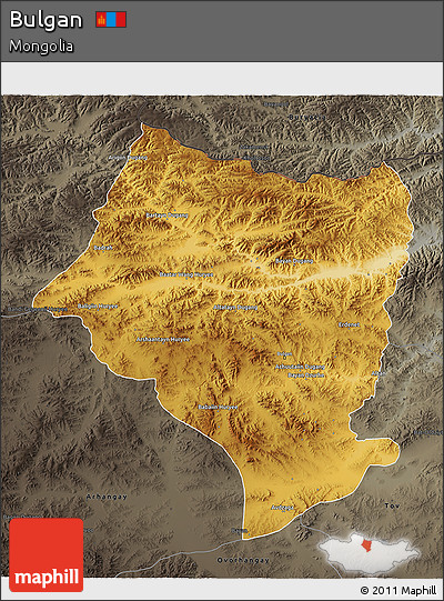 Physical 3D Map of Bulgan, darken, semi-desaturated