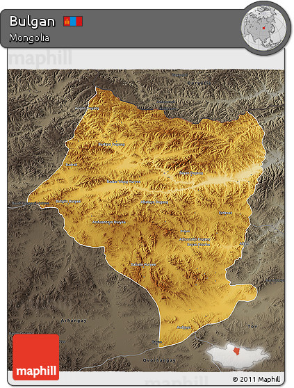 Physical 3D Map of Bulgan, darken, semi-desaturated