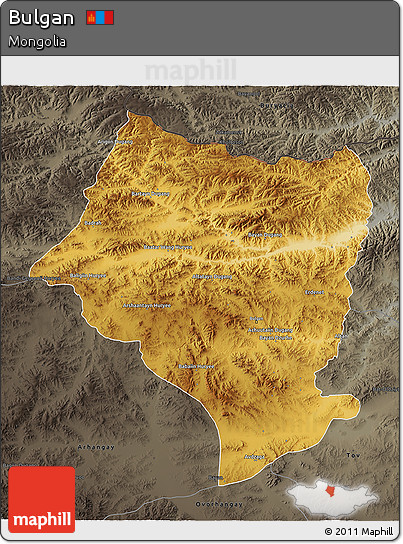 Physical 3D Map of Bulgan, darken, semi-desaturated