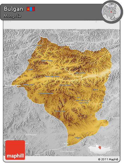Physical 3D Map of Bulgan, lighten, desaturated