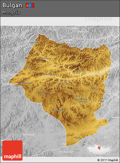 Physical 3D Map of Bulgan, lighten, desaturated