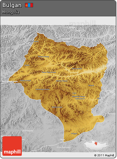 Physical 3D Map of Bulgan, lighten, desaturated
