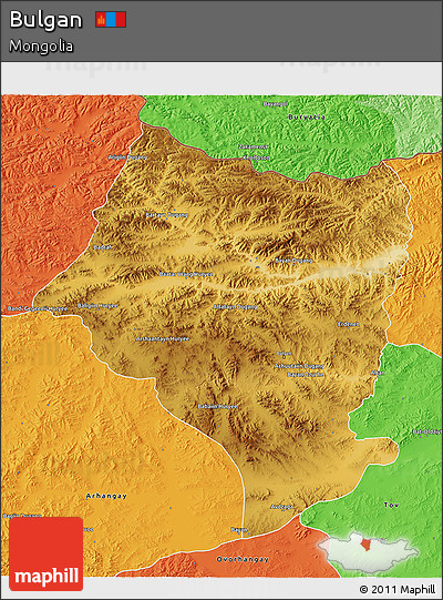 Physical 3D Map of Bulgan, political outside