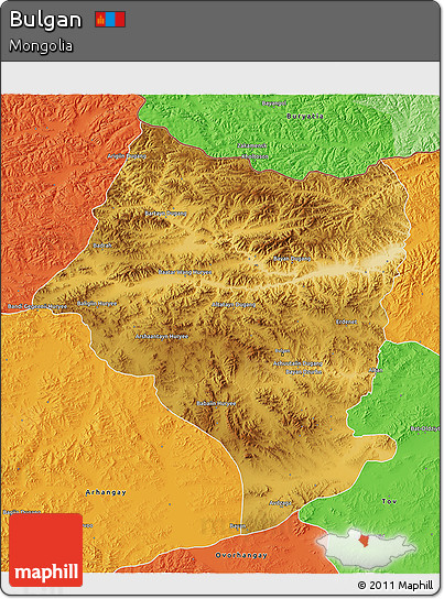 Physical 3D Map of Bulgan, political outside