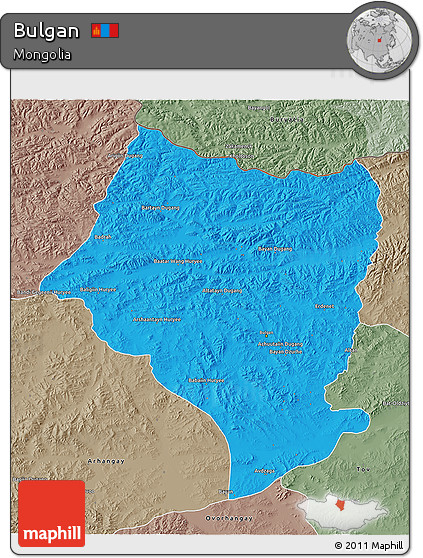 Political 3D Map of Bulgan, semi-desaturated