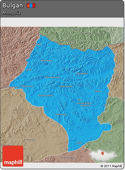 Political 3D Map of Bulgan, semi-desaturated